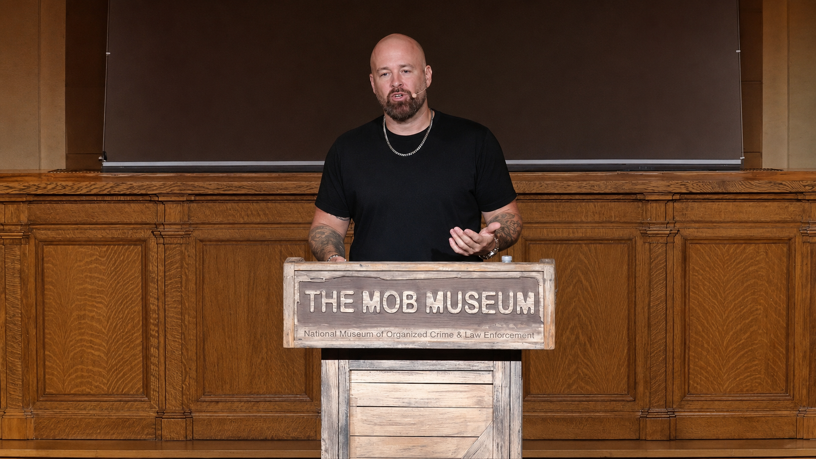 Jon DiMaggio speaking at the Mob Museum